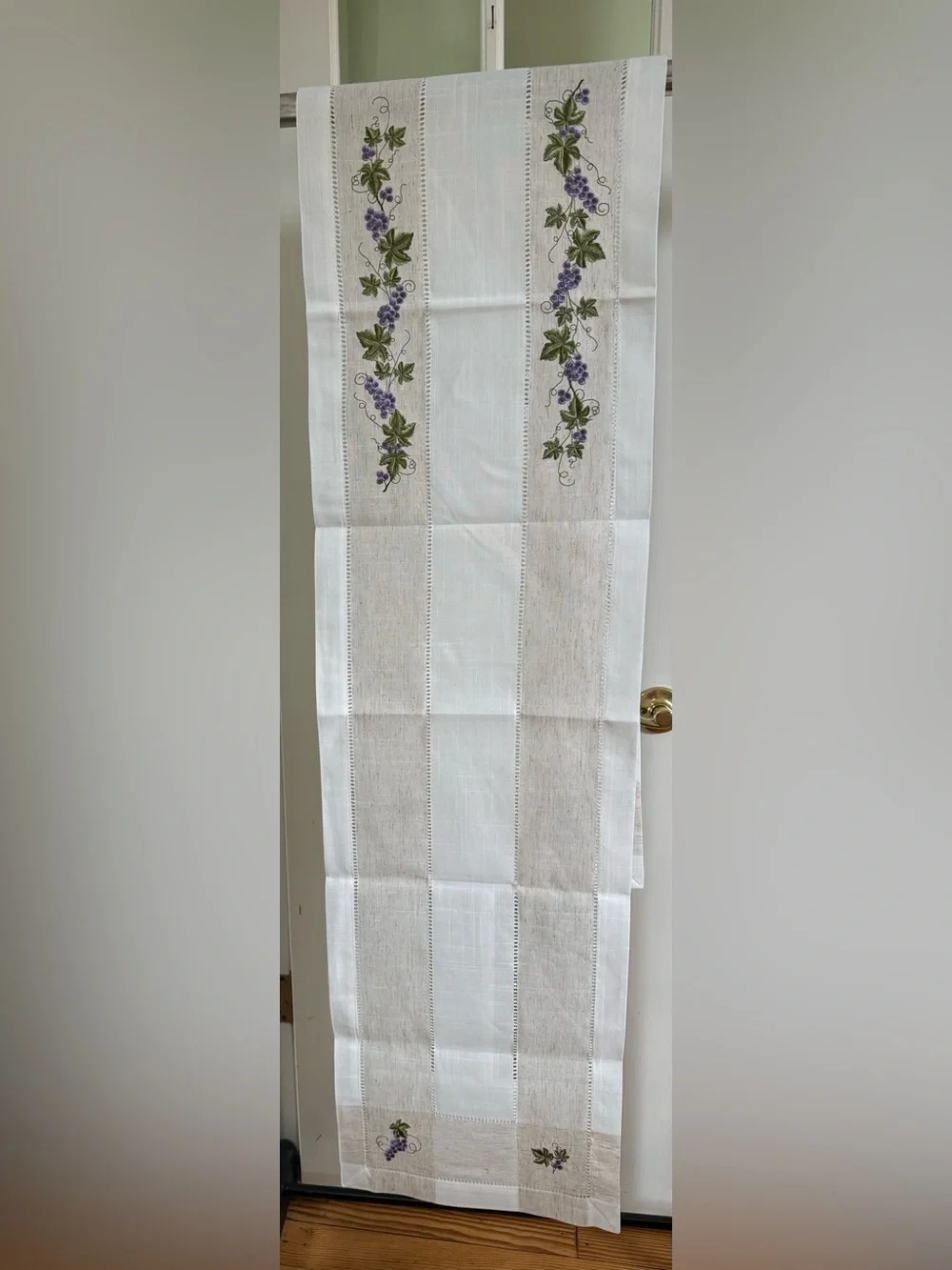 Charles Gallen Irish Textiles Table Runner with Grapes embroidered 14”x 90” NWT